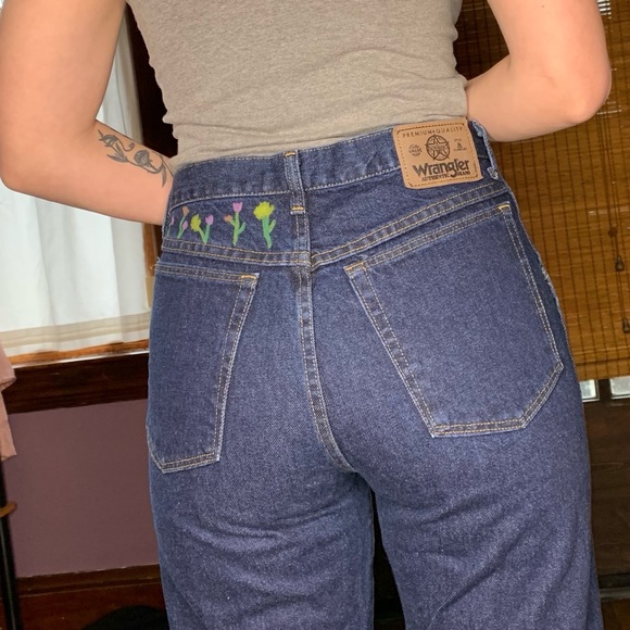 Dark Wash High Waisted Hand Painted Mom Jeans - Picture 5 of 6
